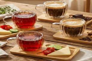 4’lü, Bambu Altlıklı, Tırtıklı Borosilikat Bardak Set 100 ml.