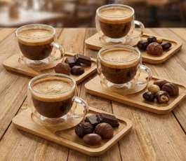 4’lü, Bambu Altlıklı, Espresso, Borosilikat Bardak Set 80 ml.
